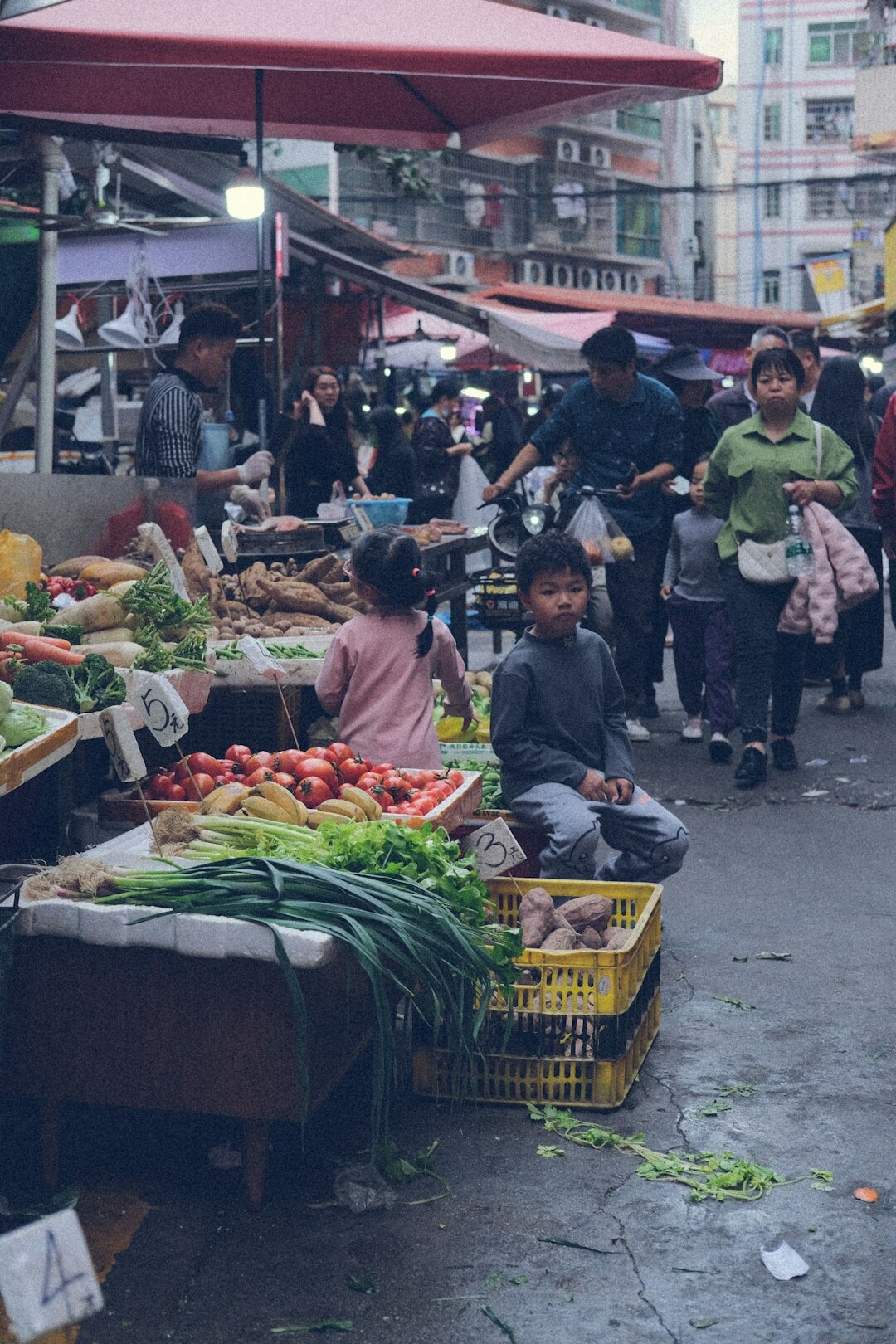 Chilean market vendor arranging produce at a neighborhood street market